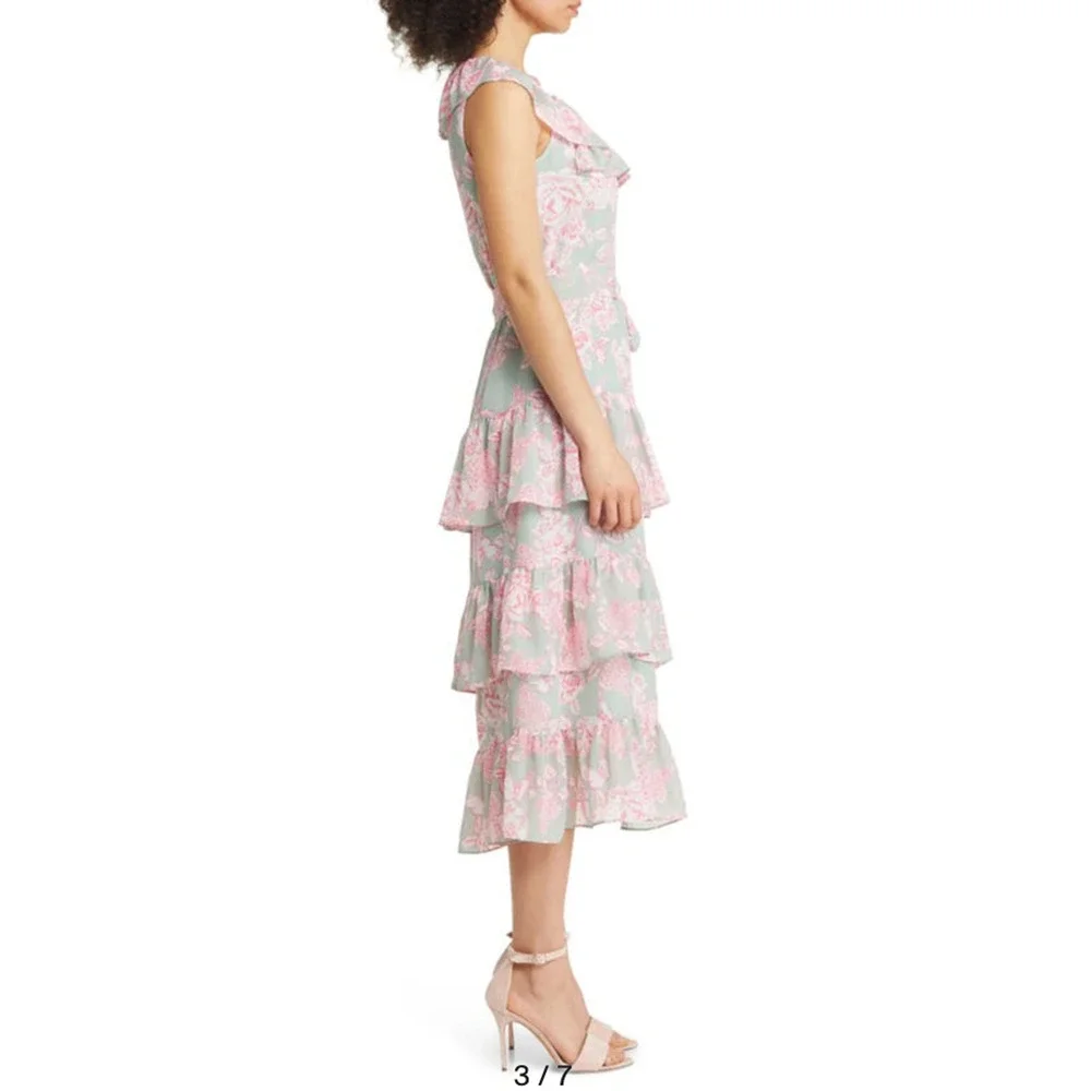Eliza J Tie Waist Tiered Midi Dress Mint Green Pink Floral Size 4 Wedding Party - Picture 4 of 13